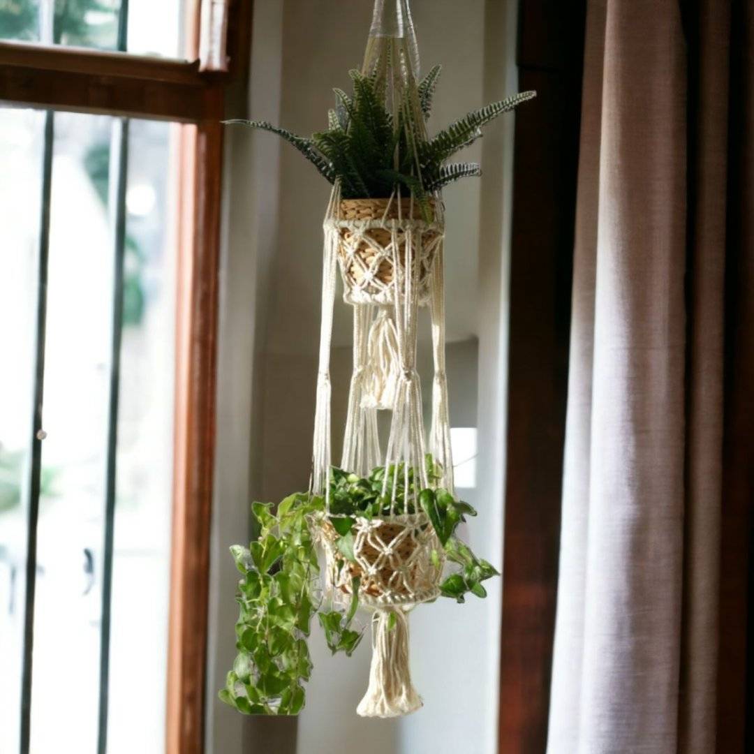 Suport plante dublu, suspendabil, din macrame